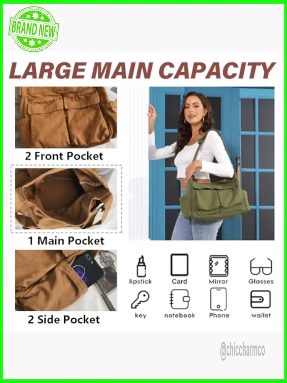 Large Canvas Messenger Tote Bag with Multiple Pockets Adjustable Strap